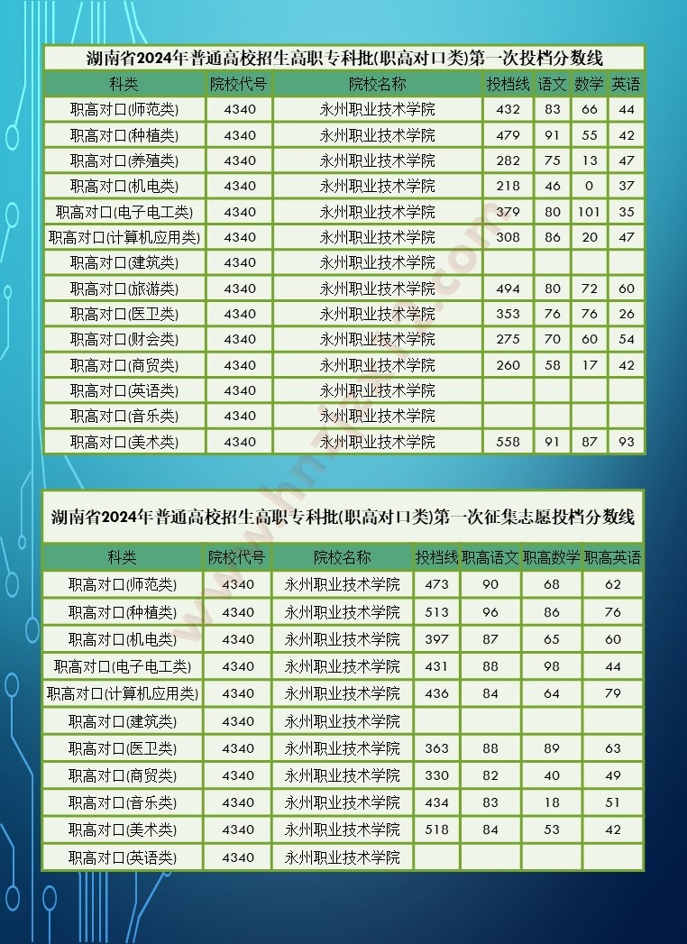 2024年湖南省高职院校单招录取分数线汇总表